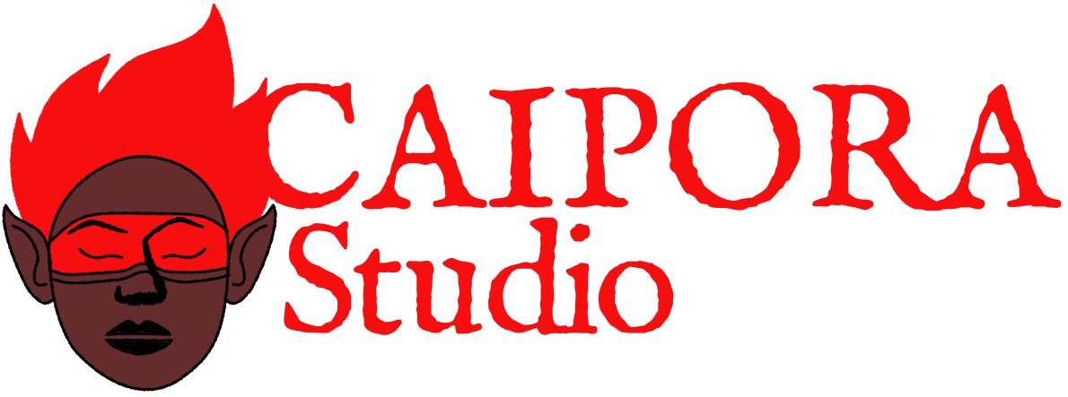 Logo Caipora, an brazilian mytical entity with calm eyes and flaming red hair