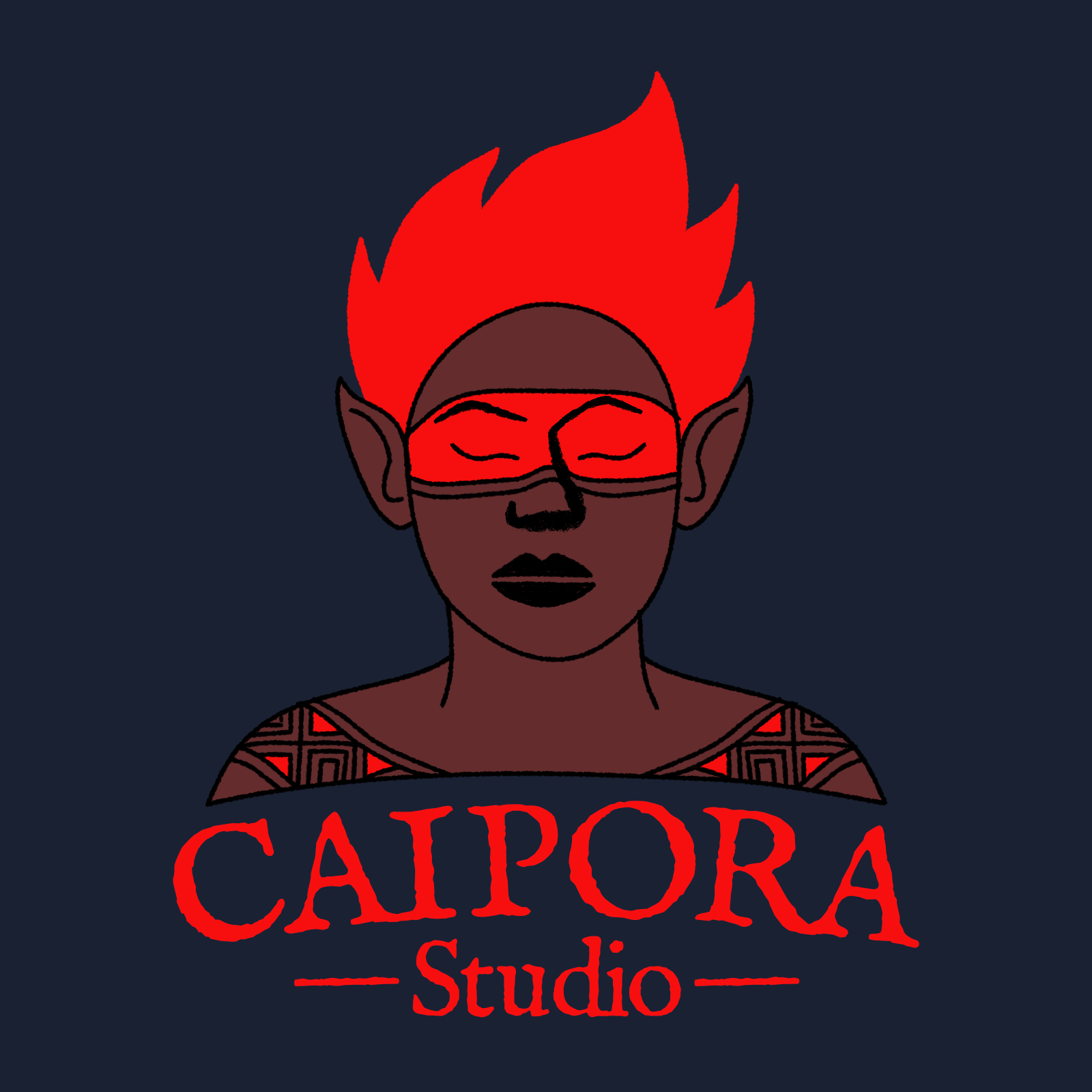 Logo Caipora, an brazilian mytical entity with calm eyes and flaming red hair